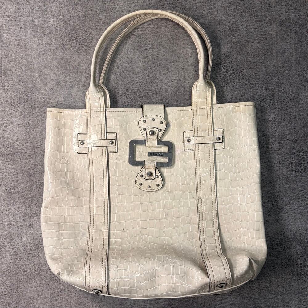 White Faux Croc Embossed Guess Tote Bag